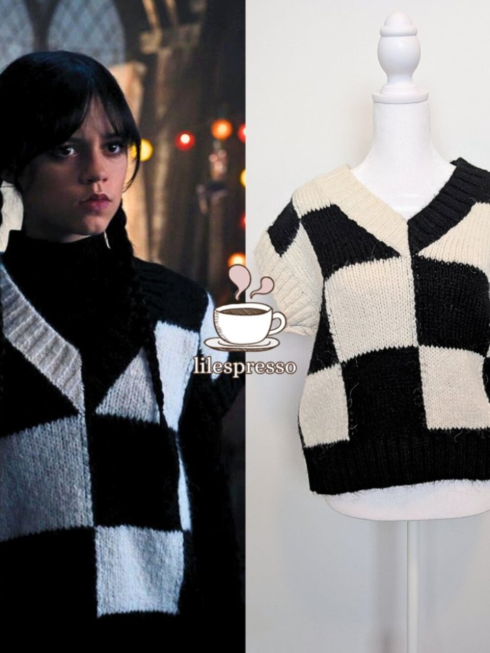 zara black white checker sweater vest ASO wednesday addams (small)